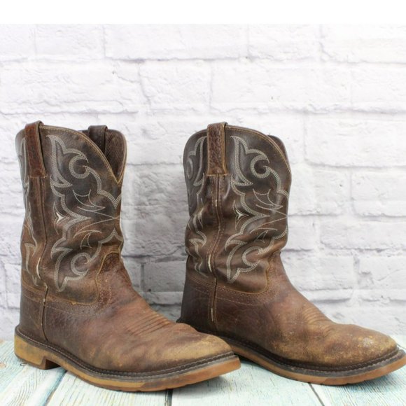 Justin Brown Leather Pull On Round Toe Mid Calf Western Boots Size 11.5 EE - Picture 3 of 9